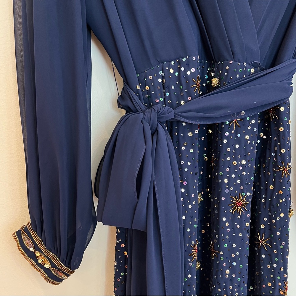Vintage Jack Bryan Evening Gown Dress Large Blue Beaded Chiffon Celestial Gala - Picture 5 of 15